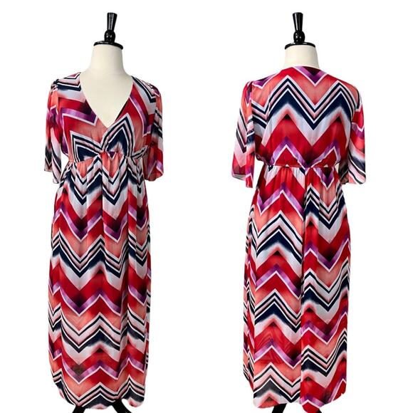 Enfocus Women's Studio V-neck Maxi Dress Red Blue Chevron Stripes Size 14W Plus - Picture 10 of 10
